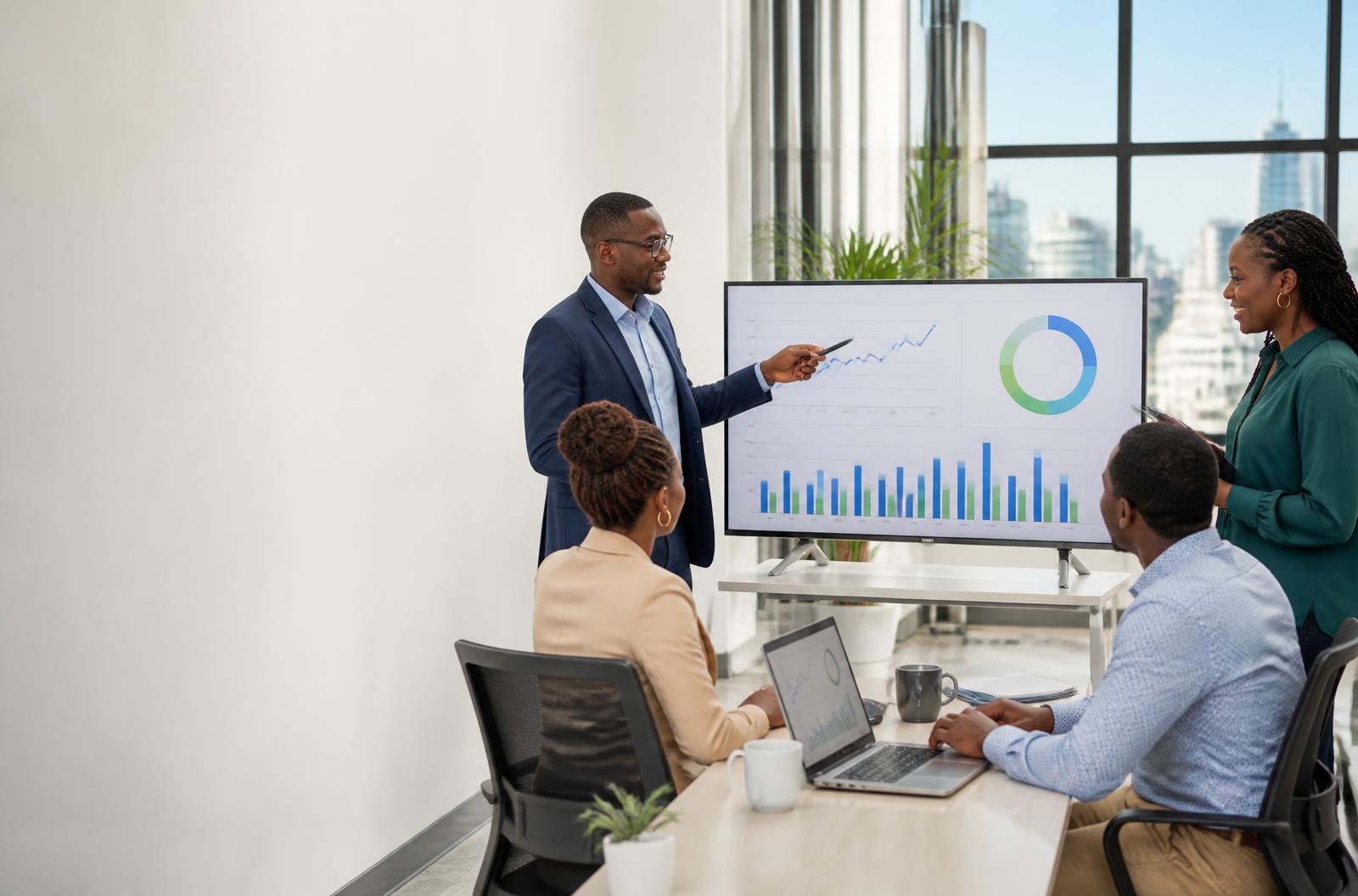African professionals reviewing team performance and learning priorities